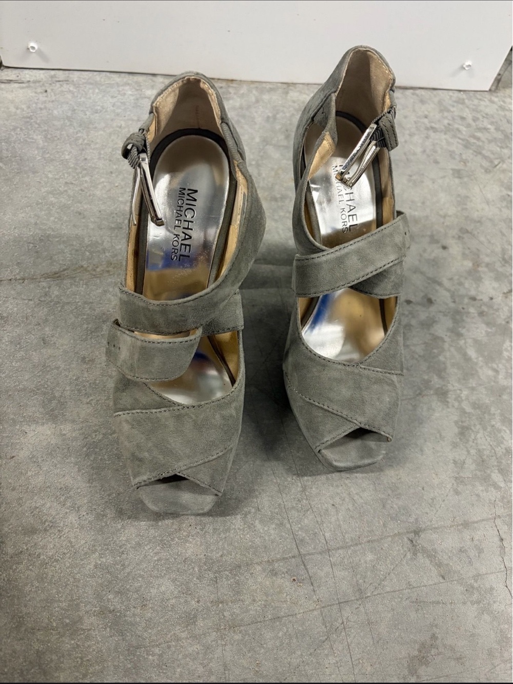 MICHAEL Michael Kors Gray Suede Crisscross Peep-Toe Heels